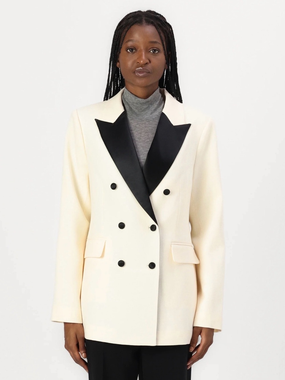 By Malina Cream Double-Breasted Blazer with Black Satin Lapel size XS NWT